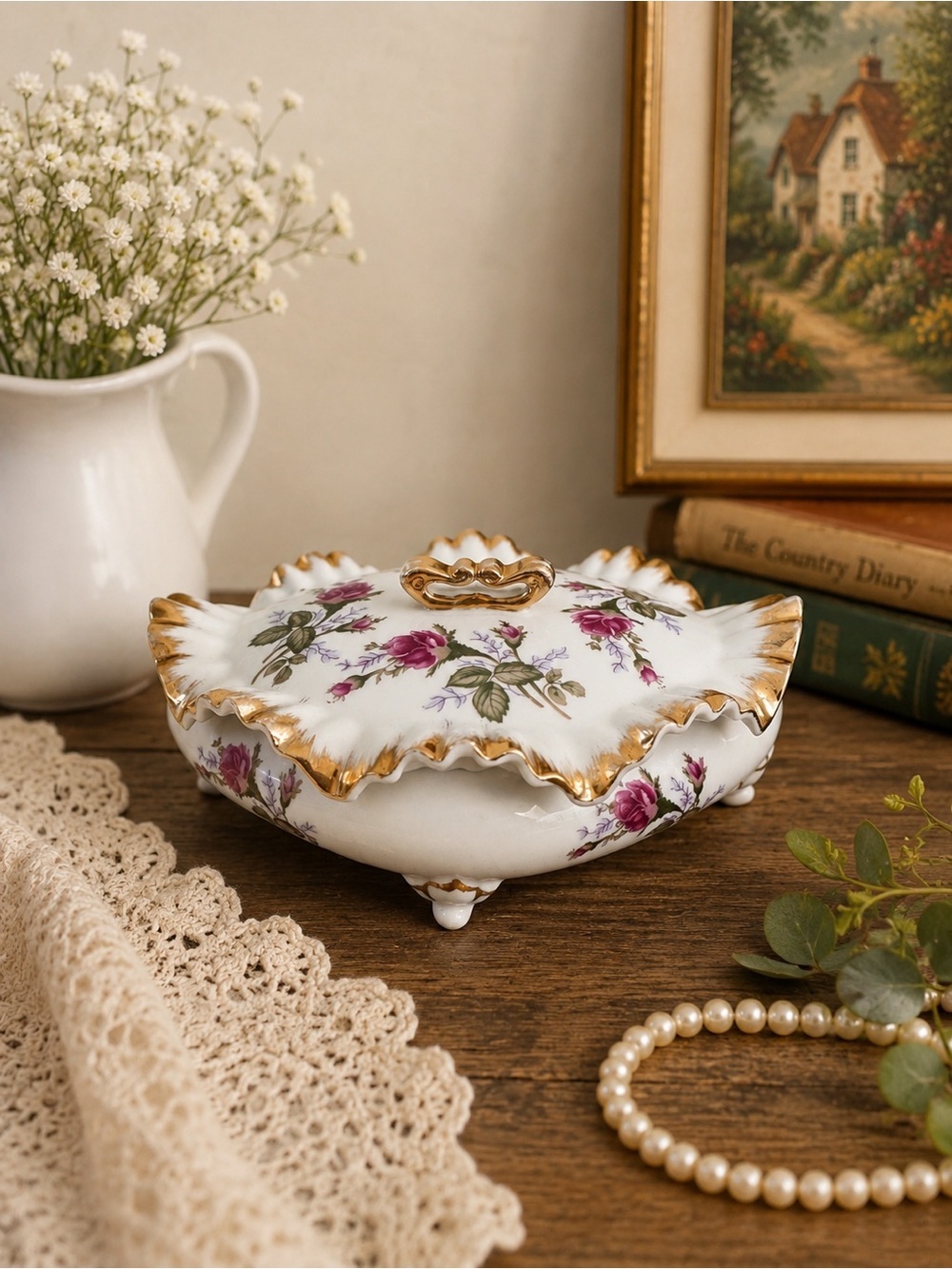 Vintage Porcelain Rose Trinket Box with Lid & Gold Trim